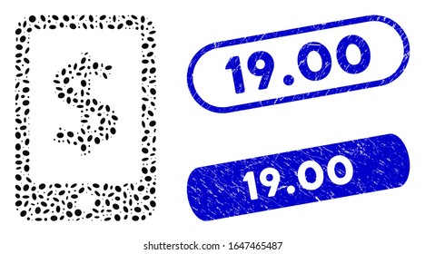 Mosaic mobile payment and distressed stamp seals with 19.00 phrase. Mosaic vector mobile payment is formed with random ellipse items. 19.00 stamp seals use blue color, and have round rectangle shape.