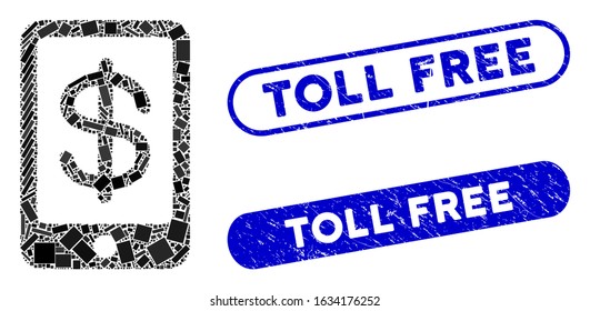 Mosaic mobile payment and rubber stamp seals with Toll Free caption. Mosaic vector mobile payment is designed with randomized rectangle items. Toll Free stamp seals use blue color,