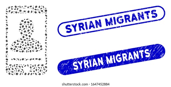 Mosaic mobile person contact and distressed stamp seals with Syrian Migrants phrase. Mosaic vector mobile person contact is composed with randomized oval dots. Syrian Migrants seals use blue color,