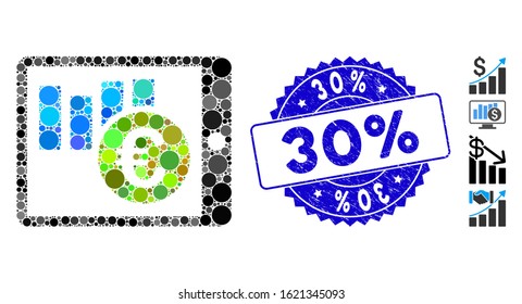 Mosaic mobile report icon and corroded stamp seal with 30% caption. Mosaic vector is designed with mobile report icon and with randomized spheric items. 30% stamp seal uses blue color,