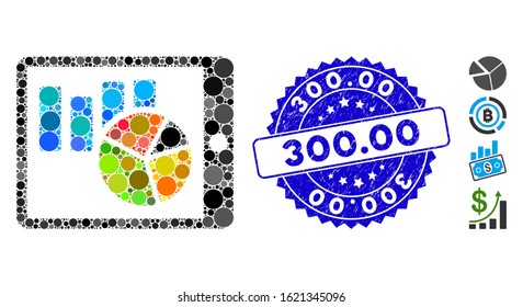 Mosaic mobile report icon and rubber stamp seal with 300.00 caption. Mosaic vector is composed with mobile report icon and with randomized spheric spots. 300.00 stamp seal uses blue color,