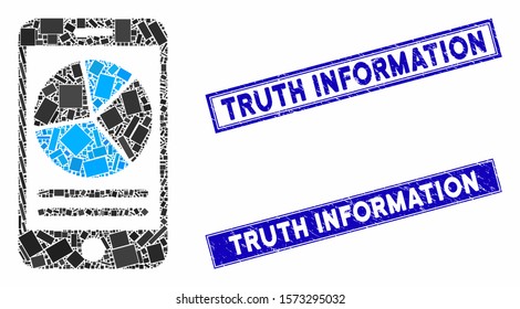 Mosaic mobile report pictogram and rectangle Truth Information seal stamps. Flat vector mobile report mosaic pictogram of random rotated rectangle elements.