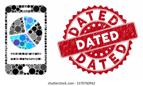 Mosaic mobile report and rubber stamp seal with Dated phrase. Mosaic vector is created with mobile report icon and with randomized spheric spots. Dated seal uses red color, and grunge surface.