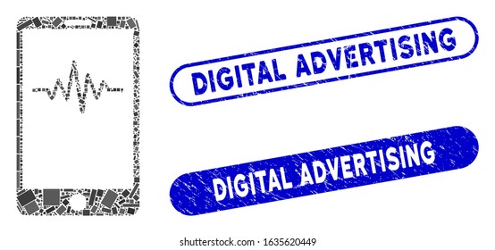 Mosaic mobile signal graph and corroded stamp seals with Digital Advertising caption. Mosaic vector mobile signal graph is designed with random rectangle items.