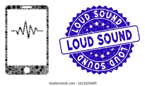 Mosaic mobile signal graph icon and grunge stamp seal with Loud Sound caption. Mosaic vector is composed with mobile signal graph icon and with random circle items. Loud Sound stamp uses blue color,