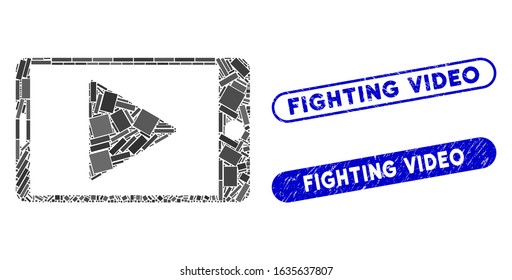 Mosaic mobile start play and rubber stamp seals with Fighting Video caption. Mosaic vector mobile start play is composed with randomized rectangle items. Fighting Video seals use blue color,