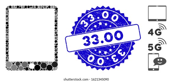 Mosaic mobile tablet icon and corroded stamp seal with 33.00 caption. Mosaic vector is formed with mobile tablet icon and with scattered round elements. 33.00 seal uses blue color, and rubber texture.