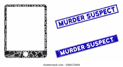 Mosaic mobile tablet pictogram and rectangle Murder Suspect rubber prints. Flat vector mobile tablet mosaic pictogram of scattered rotated rectangle elements.