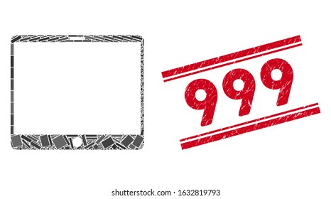 Mosaic mobile tablet pictogram and red 999 stamp between double parallel lines. Flat vector mobile tablet mosaic pictogram of random rotated rectangle elements.