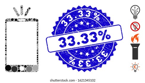 Mosaic mobile torch icon and corroded stamp seal with 33.33% phrase. Mosaic vector is designed with mobile torch icon and with randomized circle spots. 33.33% stamp seal uses blue color,