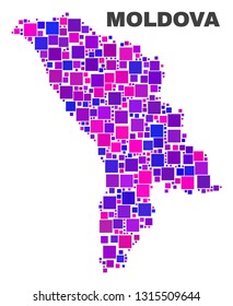 Mosaic Moldova map isolated on a white background. Vector geographic abstraction in pink and violet colors. Mosaic of Moldova map combined of scattered square elements.