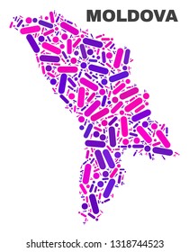 Mosaic Moldova map isolated on a white background. Vector geographic abstraction in pink and violet colors. Mosaic of Moldova map combined of scattered circle points and lines.