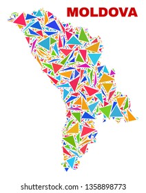 Mosaic Moldova map of triangles in bright colors isolated on a white background. Triangular collage in shape of Moldova map. Abstract design for patriotic illustrations.