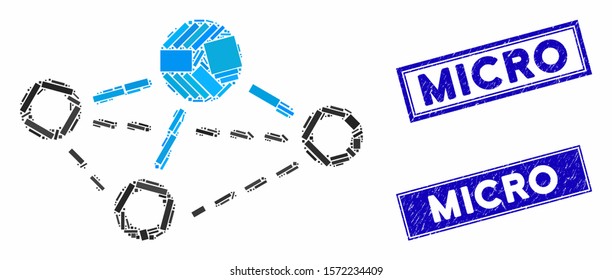 Mosaic molecule pictogram and rectangle Micro seals. Flat vector molecule mosaic pictogram of scattered rotated rectangle items. Blue Micro rubber seals with dirty textures.