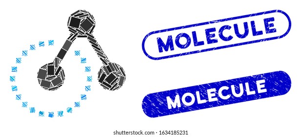 Mosaic molecule structure and corroded stamp watermarks with Molecule text. Mosaic vector molecule structure is created with random rectangle items. Molecule stamp seals use blue color,