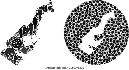 Mosaic Monaco map designed from virus outbreak items and humans and death items. Flu virus Monaco map mosaic created with sphere and cut out shape. Collages created for geographic projects.