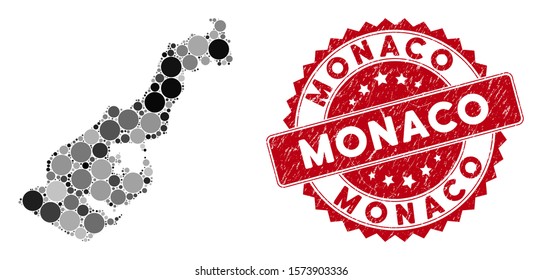 Mosaic Monaco map and round seal stamp. Flat vector Monaco map mosaic of scattered round elements. Red seal with corroded surface. Designed for political and patriotic posters.