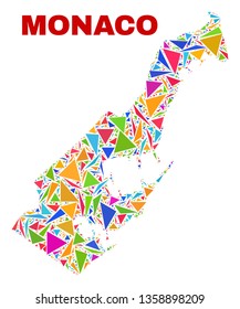 Mosaic Monaco map of triangles in bright colors isolated on a white background. Triangular collage in shape of Monaco map. Abstract design for patriotic decoration.