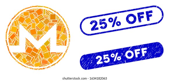 Mosaic Monero coin and distressed stamp seals with 25% Off caption. Mosaic vector Monero coin is designed with random rectangle items. 25% Off stamp seals use blue color,