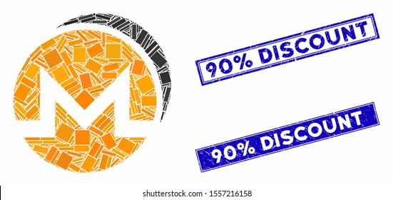 Mosaic Monero coins pictogram and rectangular watermarks. Flat vector Monero coins mosaic pictogram of random rotated rectangular items. Blue caption watermarks with corroded texture.