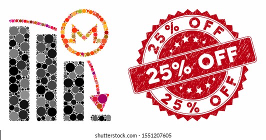 Mosaic Monero falling acceleration graph and distressed stamp seal with 25% Off phrase. Mosaic vector is composed with Monero falling acceleration graph icon and with randomized circle items.
