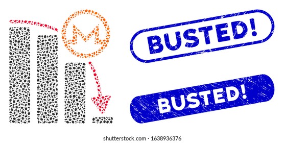 Mosaic Monero falling acceleration graph and distressed stamp seals with Busted! caption. Mosaic vector Monero falling acceleration graph is composed with random ellipse dots.