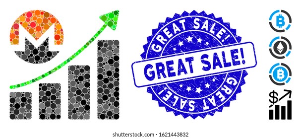 Mosaic Monero growing chart icon and corroded stamp seal with Great Sale! text. Mosaic vector is designed with Monero growing chart icon and with randomized circle items.