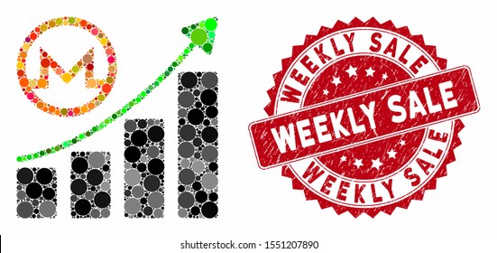 Mosaic Monero growing graph and rubber stamp seal with Weekly Sale phrase. Mosaic vector is composed from Monero growing graph icon and with random round elements.
