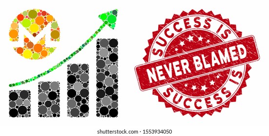 Mosaic Monero growing graph trend and distressed stamp seal with Success Is Never Blamed caption. Mosaic vector is created with Monero growing graph trend icon and with randomized round elements.