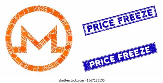 Mosaic Monero symbol pictogram and rectangle seals. Flat vector Monero symbol mosaic pictogram of random rotated rectangle items. Blue caption stamp imprints with scratched textures.