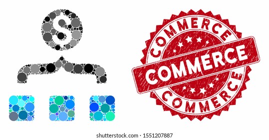 Mosaic money aggregator and grunge stamp seal with Commerce text. Mosaic vector is designed with money aggregator icon and with scattered round elements. Commerce stamp seal uses red color,