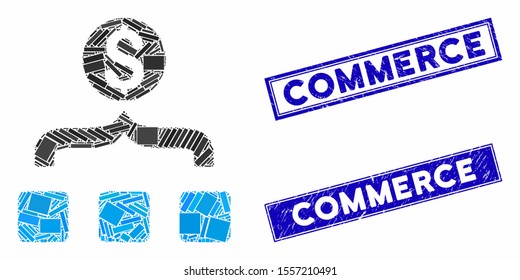 Mosaic money aggregator icon and rectangular seal stamps. Flat vector money aggregator mosaic icon of scattered rotated rectangular items. Blue caption seal stamps with corroded textures.