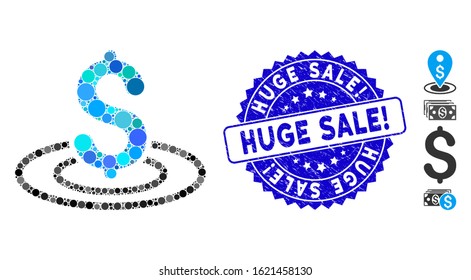 Mosaic money area icon and distressed stamp seal with Huge Sale! caption. Mosaic vector is composed with money area icon and with random spheric items. Huge Sale! stamp seal uses blue color,