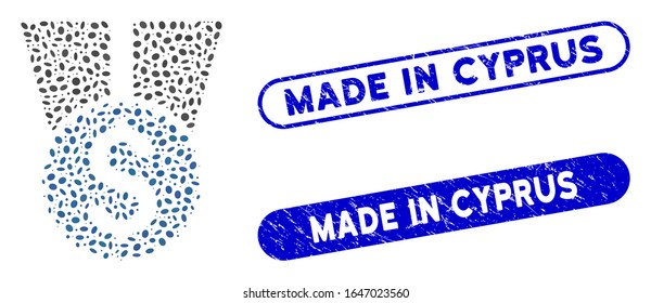 Mosaic money award and corroded stamp watermarks with Made in Cyprus phrase. Mosaic vector money award is composed with randomized oval elements. Made in Cyprus stamp seals use blue color,