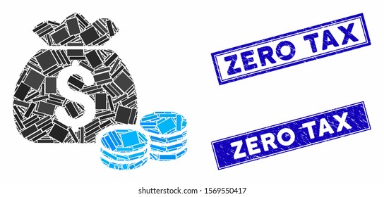 Mosaic money bag icon and rectangle seal stamps. Flat vector money bag mosaic pictogram of randomized rotated rectangle items. Blue caption seal stamps with scratched textures.