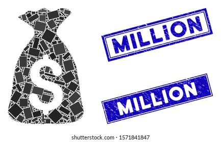 Mosaic money bag icon and rectangle Million seal stamps. Flat vector money bag mosaic pictogram of scattered rotated rectangle items. Blue Million seal stamps with dirty texture.