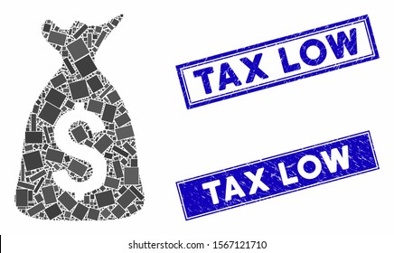 Mosaic money bag icon and rectangular watermarks. Flat vector money bag mosaic icon of random rotated rectangular items. Blue caption watermarks with rubber texture.