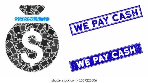Mosaic money bag pictogram and rectangle stamps. Flat vector money bag mosaic pictogram of random rotated rectangle items. Blue caption seals with grunged texture.