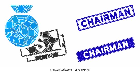 Mosaic money bag pictogram and rectangular Chairman seals. Flat vector money bag mosaic pictogram of scattered rotated rectangular elements. Blue Chairman rubber seals with rubber texture.