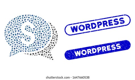 Mosaic money chat and rubber stamp seals with Wordpress phrase. Mosaic vector money chat is composed with randomized ellipse dots. Wordpress stamp seals use blue color, and have round rectangle shape.