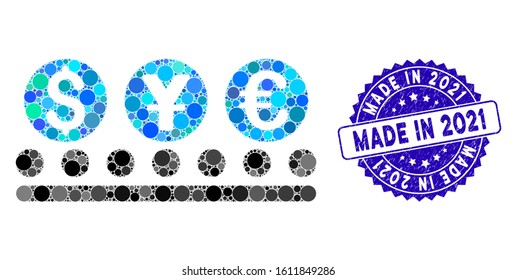 Mosaic money conveyor icon and grunge stamp seal with Made in 2021 text. Mosaic vector is designed with money conveyor icon and with random spheric elements. Made in 2021 stamp seal uses blue color,