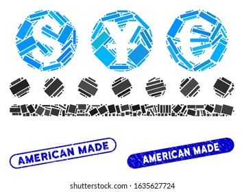 Mosaic money conveyor and rubber stamp seals with American Made phrase. Mosaic vector money conveyor is formed with scattered rectangle items. American Made seals use blue color,