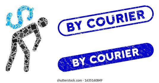 Mosaic money courier and corroded stamp seals with By Courier phrase. Mosaic vector money courier is composed with random rectangle items. By Courier stamp seals use blue color,