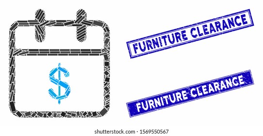 Mosaic money day pictogram and rectangular stamps. Flat vector money day mosaic pictogram of randomized rotated rectangular items. Blue caption watermarks with grunge textures.