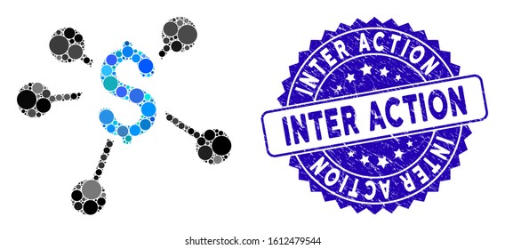 Mosaic money distribution icon and grunge stamp seal with Inter Action text. Mosaic vector is formed from money distribution pictogram and with randomized round items.