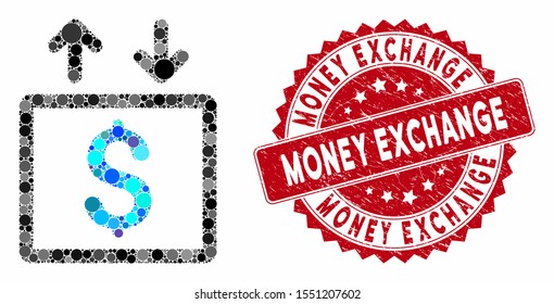 Mosaic money elevator and grunge stamp seal with Money Exchange caption. Mosaic vector is formed from money elevator icon and with randomized round elements. Money Exchange stamp seal uses red color,