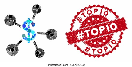 Mosaic money emission and distressed stamp watermark with #Top10 text. Mosaic vector is designed with money emission icon and with randomized spheric elements. #Top10 stamp uses red color,