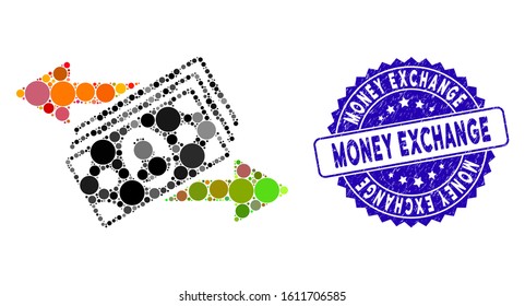 Mosaic money exchange icon and distressed stamp seal with Money Exchange phrase. Mosaic vector is composed with money exchange icon and with scattered circle spots.