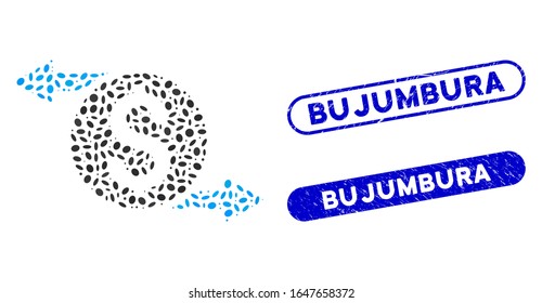 Mosaic money exchange and rubber stamp seals with Bujumbura caption. Mosaic vector money exchange is composed with scattered oval items. Bujumbura seals use blue color, and have round rectangle shape.