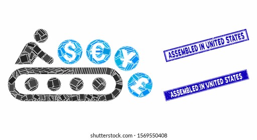 Mosaic money factory icon and rectangle seal stamps. Flat vector money factory mosaic icon of randomized rotated rectangle items. Blue caption seal stamps with scratched texture.